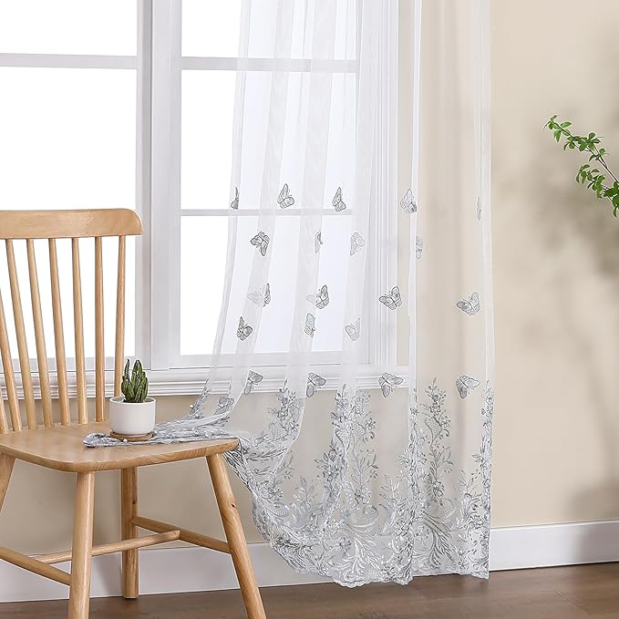 VISIONTEX White Sheer Voile Curtains, Decorative Blue Embossed Butterflies Rod Pocket Window Drapes for Home Kitchen, Living Room and Bedroom 54 x 84 Inch, Set of 2 Curtain Panels