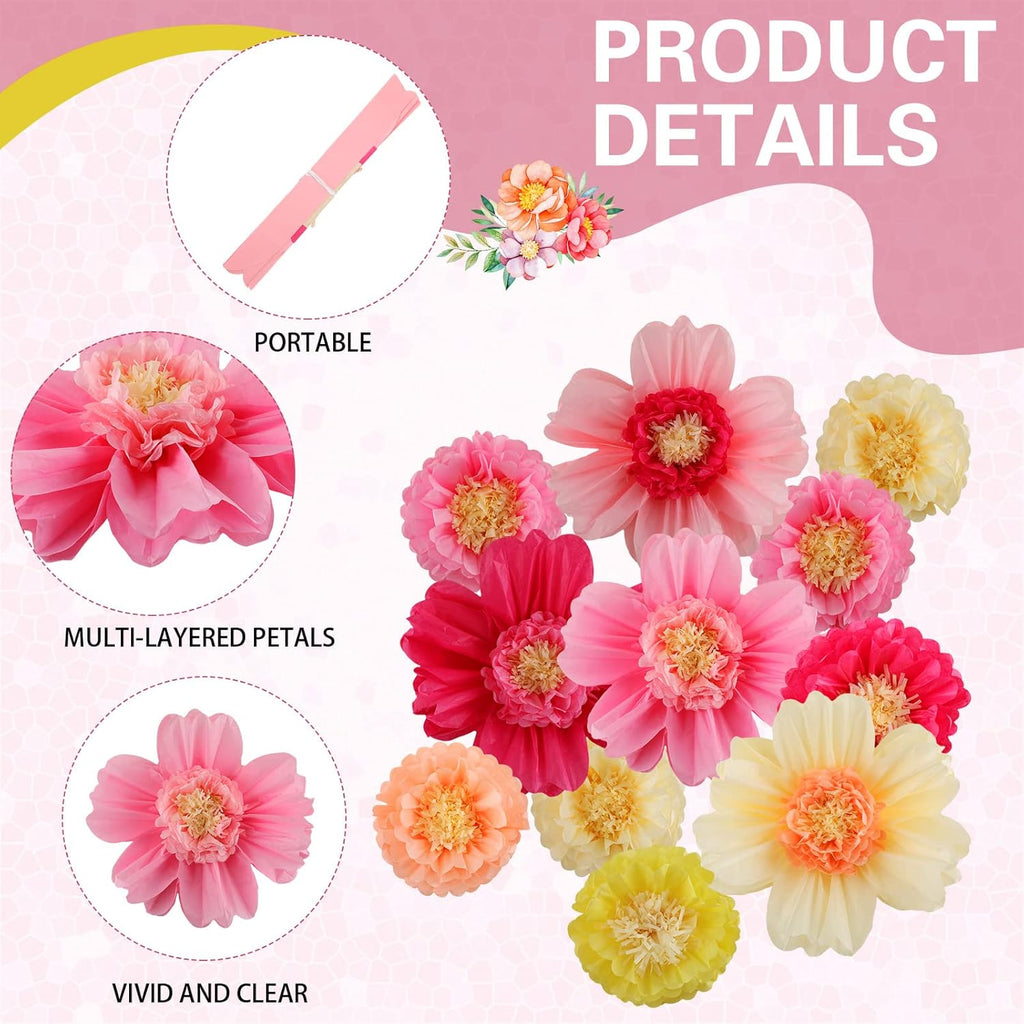 Crowye 12 Pcs Large Colorful Tissue Paper Flowers Decorations Giant Fiesta Craft Crepe Paper Flowers for Wall Decor Backdrop Mexican Wedding Birthday Carnival School Party (10'' 20'',Fresh Color)