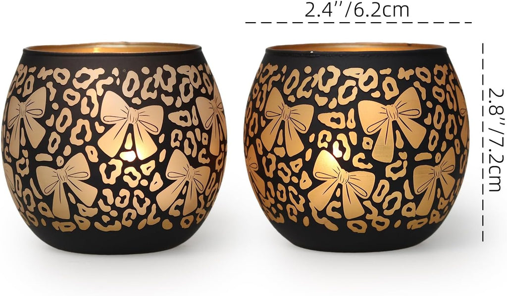 Leopard Candle Holder with Bow Set of 2, Black Gold Votive Tealight Candle Holders for Room Decor, Aesthetic Ribbon Votive for Wedding Centerpieces & Leopard Birthday Party Decorations