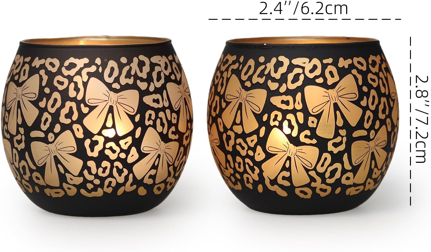 Leopard Candle Holder with Bow Set of 2, Black Gold Votive Tealight Candle Holders for Room Decor, Aesthetic Ribbon Votive for Wedding Centerpieces & Leopard Birthday Party Decorations