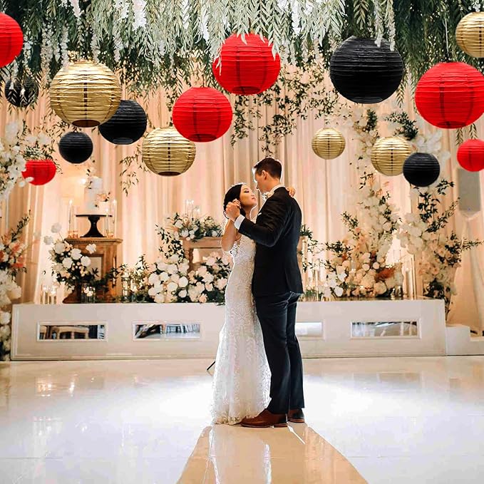 ADLKGG Paper Lanterns Decorations, Red Black Gold Hanging Round Paper Lanterns for Graduation, BBQ Party Supplies, Mickey Mouse Themed Birthday, Pirate Theme Casino Poker Party Decor Set of 21