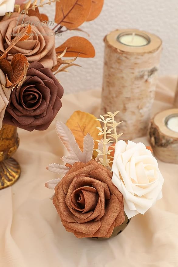 Floroom Artificial Flowers 25pcs Real Looking Earth Tones Ombre Colors Foam Fake Roses with Stems for DIY Wedding Bouquets Bridal Shower Floral Centerpieces Party Tables Home Decorations