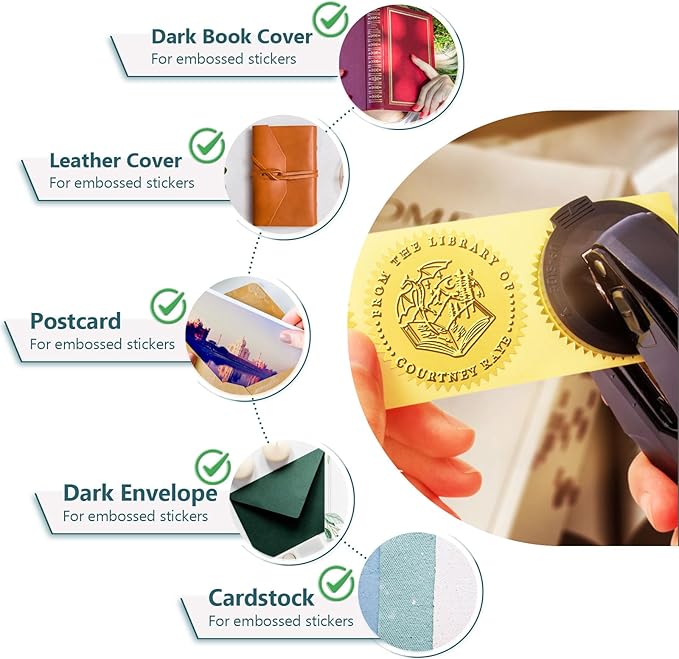Upgraded Book Embosser Personalized | Custom Book Stamp | Storage Gift Box Set - Include Magnetic Bookmark and Eternal Pencil & 20 pcs Foil Sticker for Hardcover Books, Envelopes, Leather