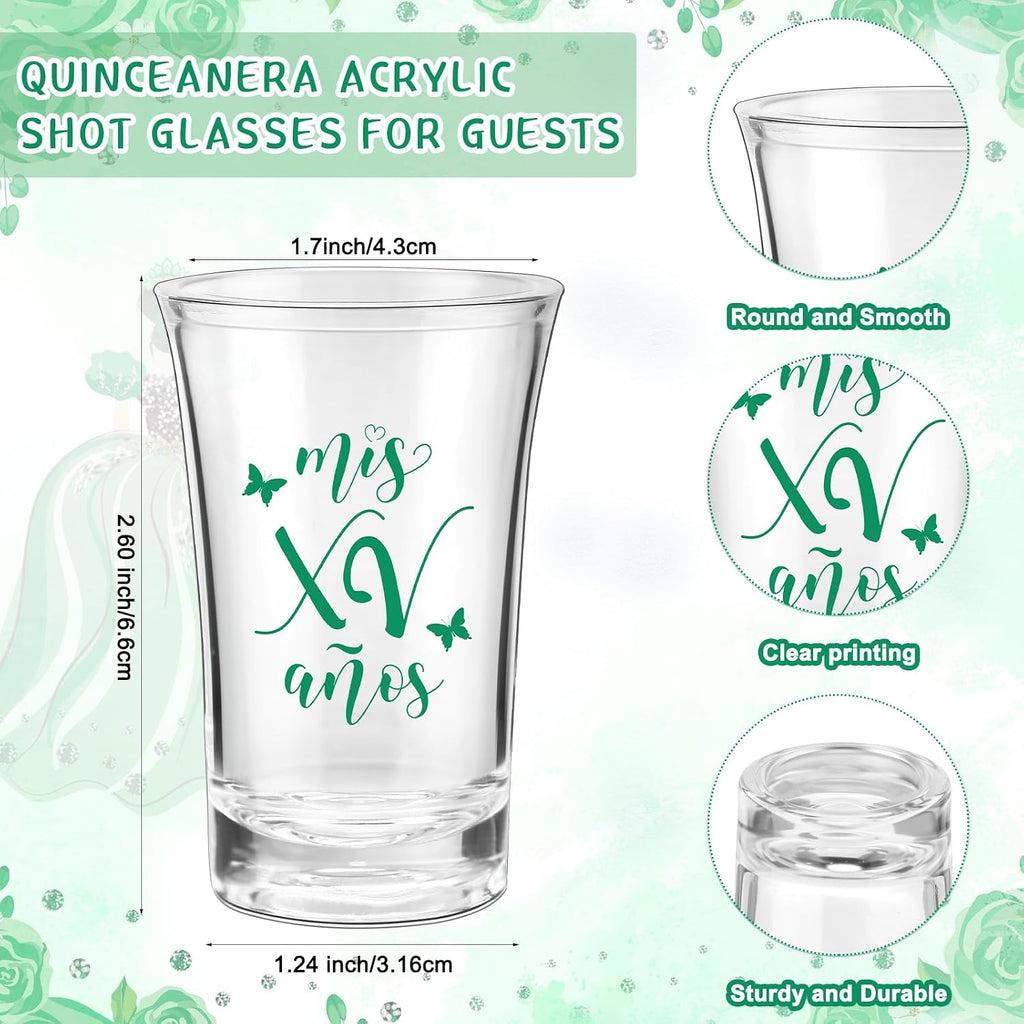 Havawish 50 Sets Quinceanera Party Favors for Guests Quinceanera Acrylic Clear Personalized Shot Glasses Thank You Cards with Organza Bags Mis Xv Años Sweet 15 Birthday Party Favors (Green)