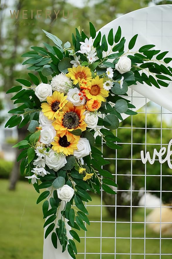 Artificial Wedding Arch Flowers Kit(Pack of 3),2Pcs Artificial Flower Arch Decor,1Pcs Sheer Drape for Wedding Ceremony Arbor for WeddingCeremony (Sunflower Wedding)