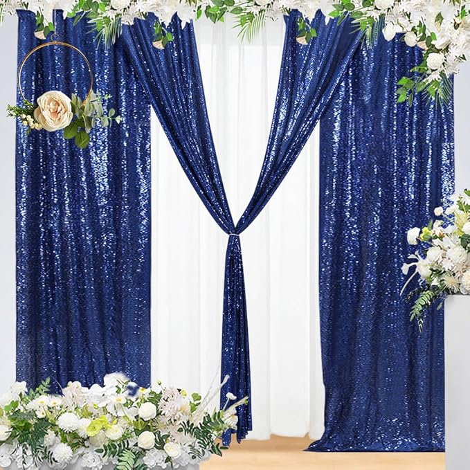 Eternal Beauty Sequin Backdrop Curtains, 2x8 Ft-2 Panels Navy Blue Back Drop for Shimmer Photography Party Wedding Birthday Decor