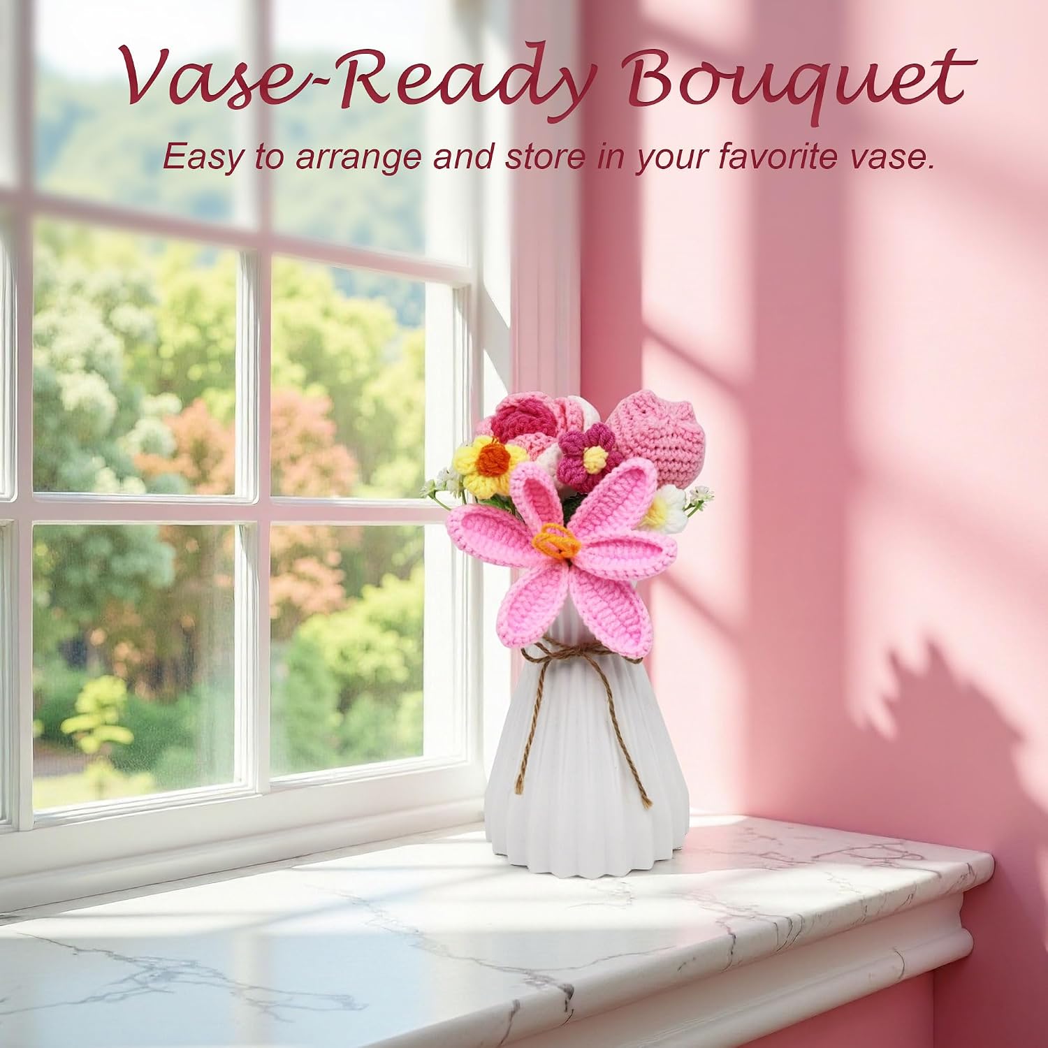 Crochet Tulip Flower Bouquet, Handmade Milk Cotton Tulips for Mother's Day, Includes Gift Bag & Greeting Card, Eternal Hand-Woven Flowers for Anniversary, Graduation Decor, Pink