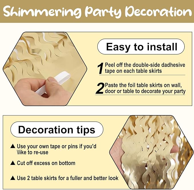 6 Pack 29 x108 Inch Champagne Gold Wave Foil Fringe Table Skirts Metallic Banner for Tinsel Streamer Garland Backdrop for Parade Floats, Mother's Day, Easter, Wedding, Birthday Party Decoration