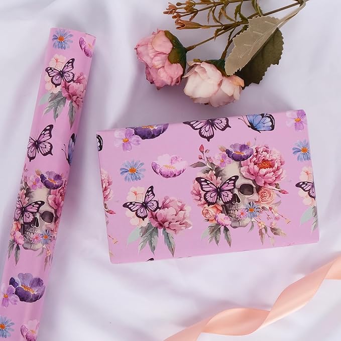 Aimyoo Gothic Wrapping Paper Roll, 17 Inch X 16.5 Feet Skull Floral Butterfly Design Gift Wrap Paper for Mother's Day, Birthday Bridal Shower