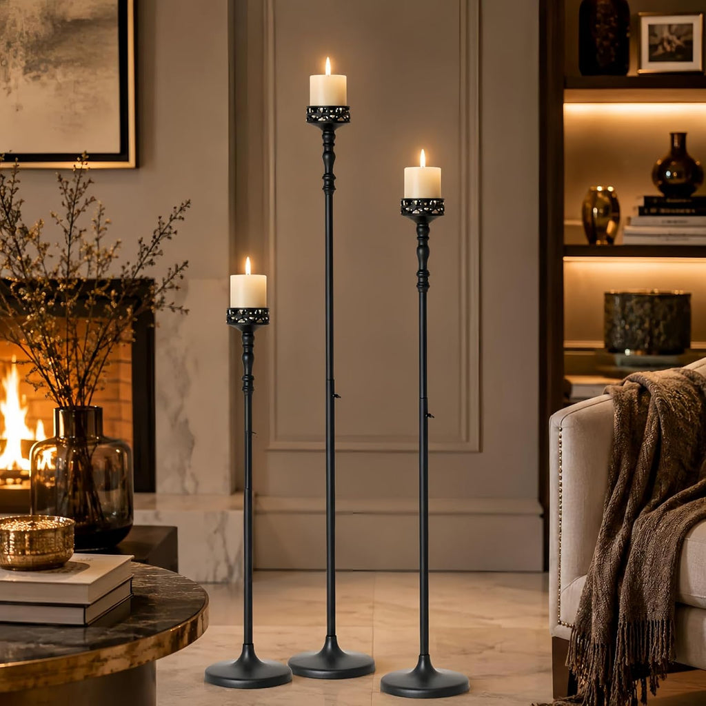 3Pcs Matte Black Floor Candle Holders Centerpieces for Pillar Candles | Adjustable Height,Halloween Metal Candlestick Set,Wedding Party Home Ceremony Mantel Fireplace Decorations