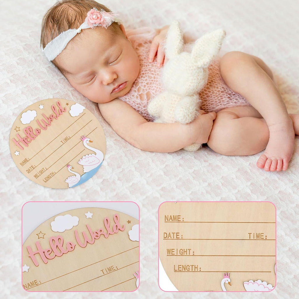 Birth Announcement Sign, 15cm/5.91in Wooden Hello World Newborn Sign Welcome Baby Board Baby Name Plaque for Home Hospital Photo Prop Nursery Decor (Swan Style)