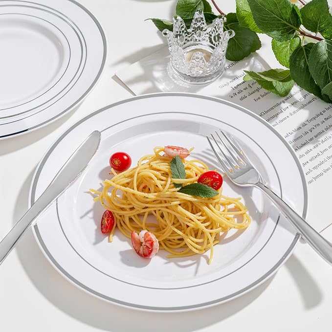 350 Pcs Silver Plastic Plates - Silver Dinnerware Set of 50 Dinner Plates 50 Dessert Plate 50 Silverware 50 Napkins 50 Cups for Christmas Party&Wedding