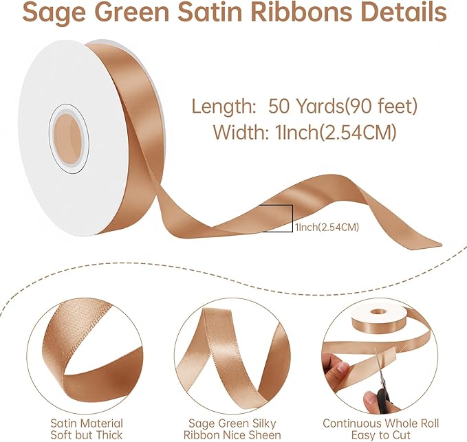 Champagne Gold Satin Ribbon 1 Inch Wide x 50 Yards, Luxury Double Faced Polyester Ribbon for Wedding Decor, Gift Wrapping, Party Crafts, DIY Bows and Holiday Projects