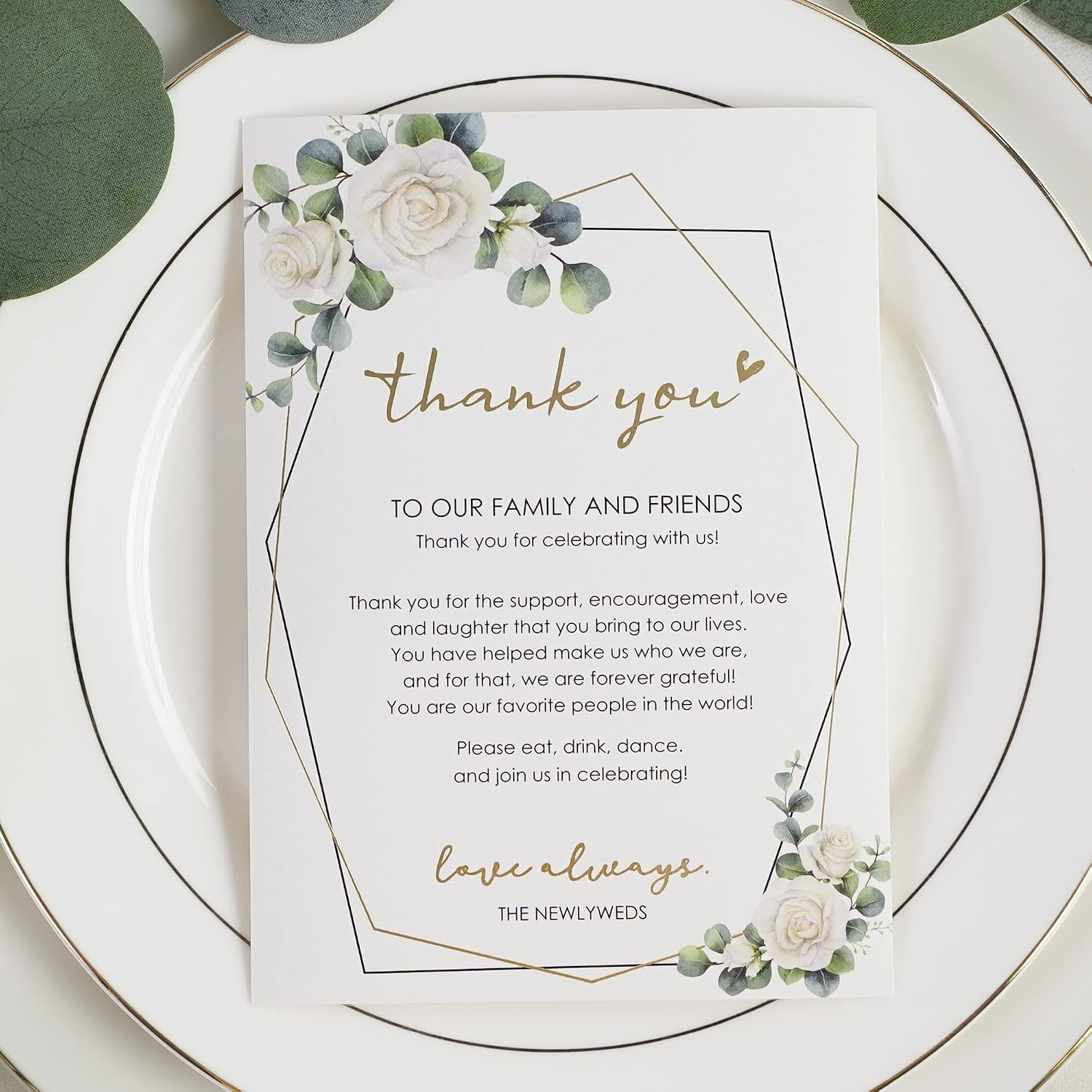 HUIHUANG Wedding Thank You Place Setting Cards, 50 Pieces Wedding Favors Place Cards for Table Setting, Receptions, Dinner Parties, Events and Celebrations (4 X 6 in, Eucalyptus)