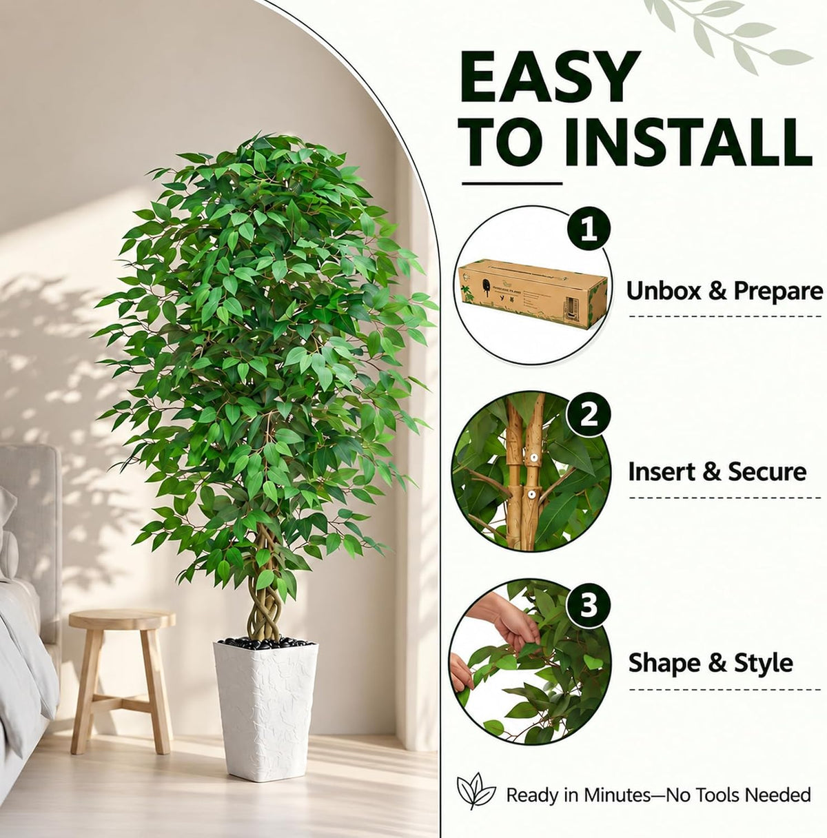 Artificial Ficus Tree 6FT, Large Fake Tree for Home Decor (White Planter)