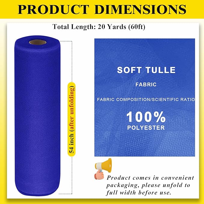 54" by 20 Yards Royal Blue Tulle Fabric Rolls - Tutu Spool Bolt for DIY Wedding Decoration, Baby Shower Tutu Skirt, Gift Wrapping - Large Matte Tulle, Roll Packaging