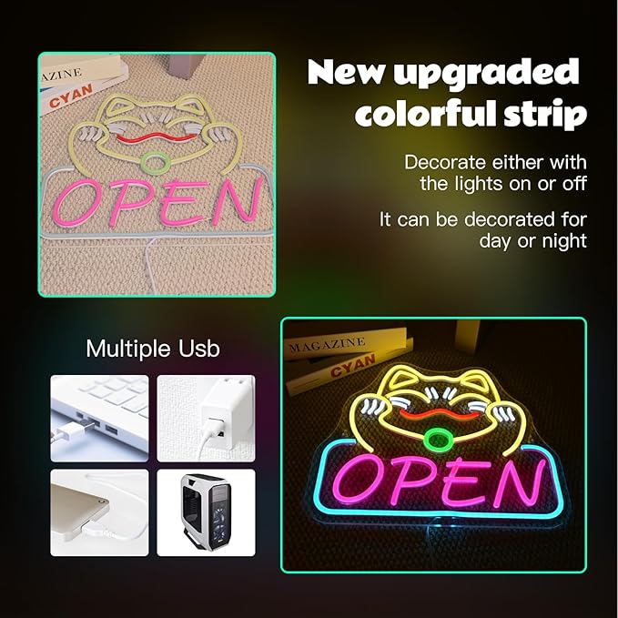 Ineonlife Lucky Cat Open Neon Sign Cute Cat Neon Signs for Wall Decor Dimmable Led Light for Used in Restaurants Ramen Shops Izakaya Sushi Restaurants Shop Decorations Business Opening Gift
