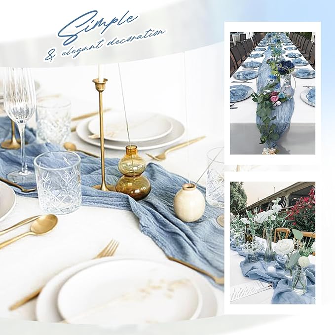 Aktor 12 Pack Dusty Blue Table Runner Boho Cheesecloth Table Runner Semi Sheer Gauze Fabric Runners for Wedding Birthday Baby Shower Party Boho Table Decoration（Dusty Blue）