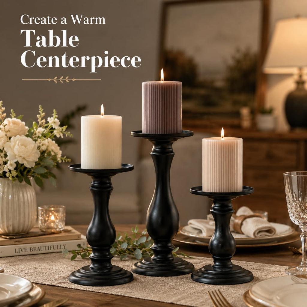 Matte Black Pillar Candle Holders Set of 3, 6/8/10 Inch Metal Stands for 3 or 4 Inch Pillars, Fireplace Mantel Table Centerpiece, Rustic Farmhouse Wedding Decor