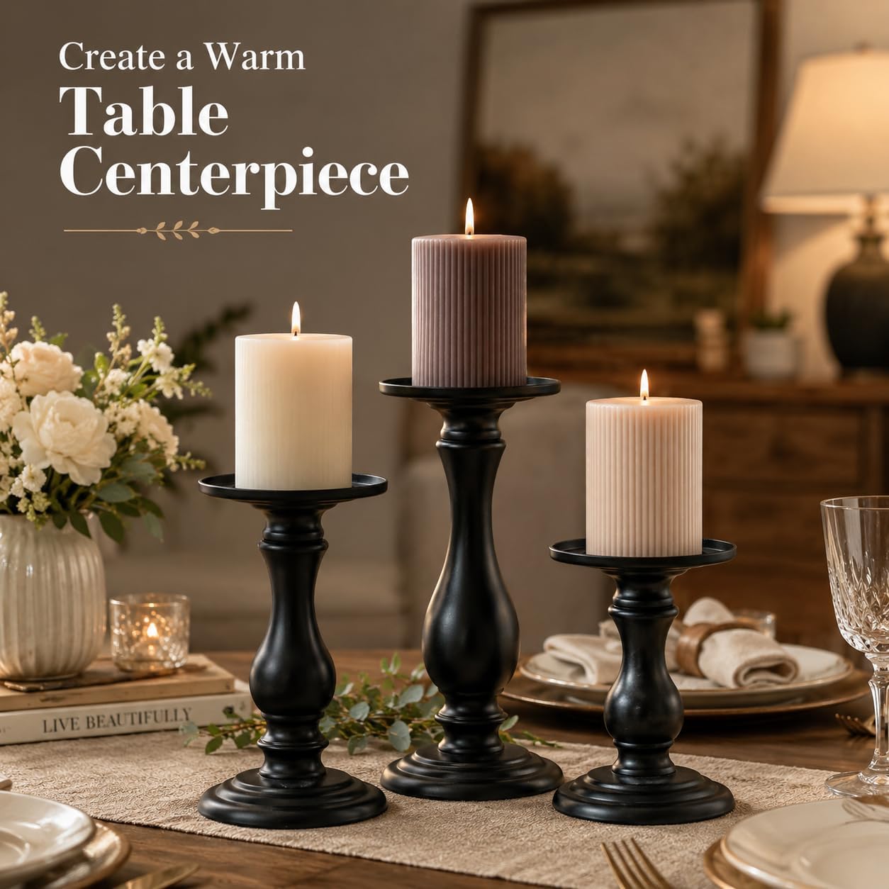 Matte Black Pillar Candle Holders Set of 3, 6/8/10 Inch Metal Stands for 3 or 4 Inch Pillars, Fireplace Mantel Table Centerpiece, Rustic Farmhouse Wedding Decor