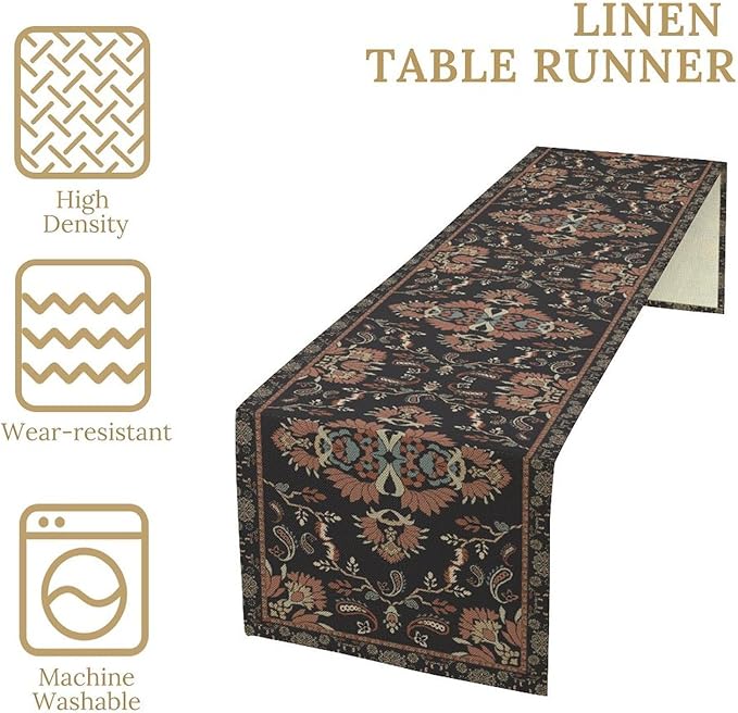 Boho Paisley Farmhouse Table Runner, Vintage Red Blue Retro Flower Rustic Country Style Floral Print Pattern for Home Kitchen Table Decor Dining Coffee Room Garden Party Decor 13x108in