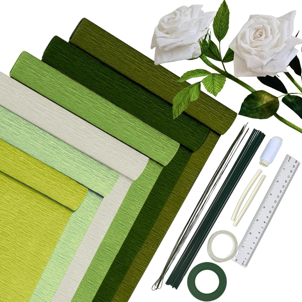 Crepe Paper Set of 6 Colourful, 6 Rolls 25 x 200 cm Crepe Paper Gradient Green with 15 Floral Wire, Florist Tape, Double-Sided Tape, Ruler, Sewing Thread, Crepe Paper Flowers Crafts (Green Series)