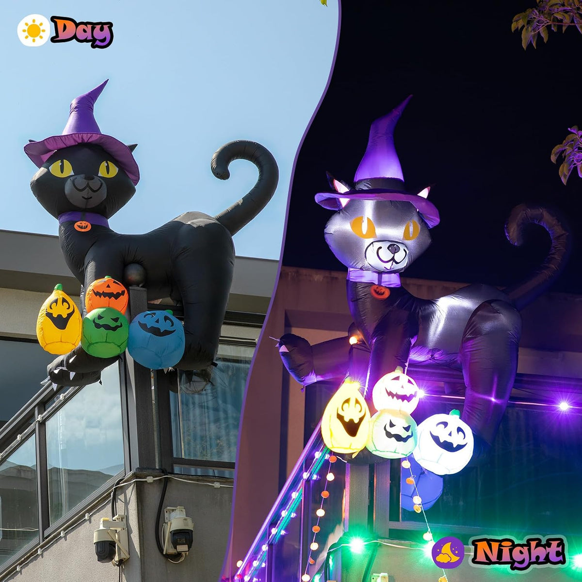 6FT Halloween Inflatable Black Cat with Witch Hat and 4 Colorful Pumpkins, Cu...