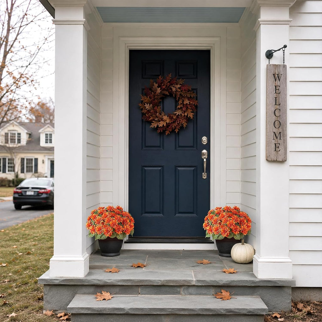 VIERENA 2 Set of Fall Artificial Dahlia Topiary Ball Trees - Fake Silk Dahlia Flower Bushes, UV Resistant Faux Floral Shrub Potted for Front Door Porch Farmhouse Outdoor Autumn Decor (Orange)