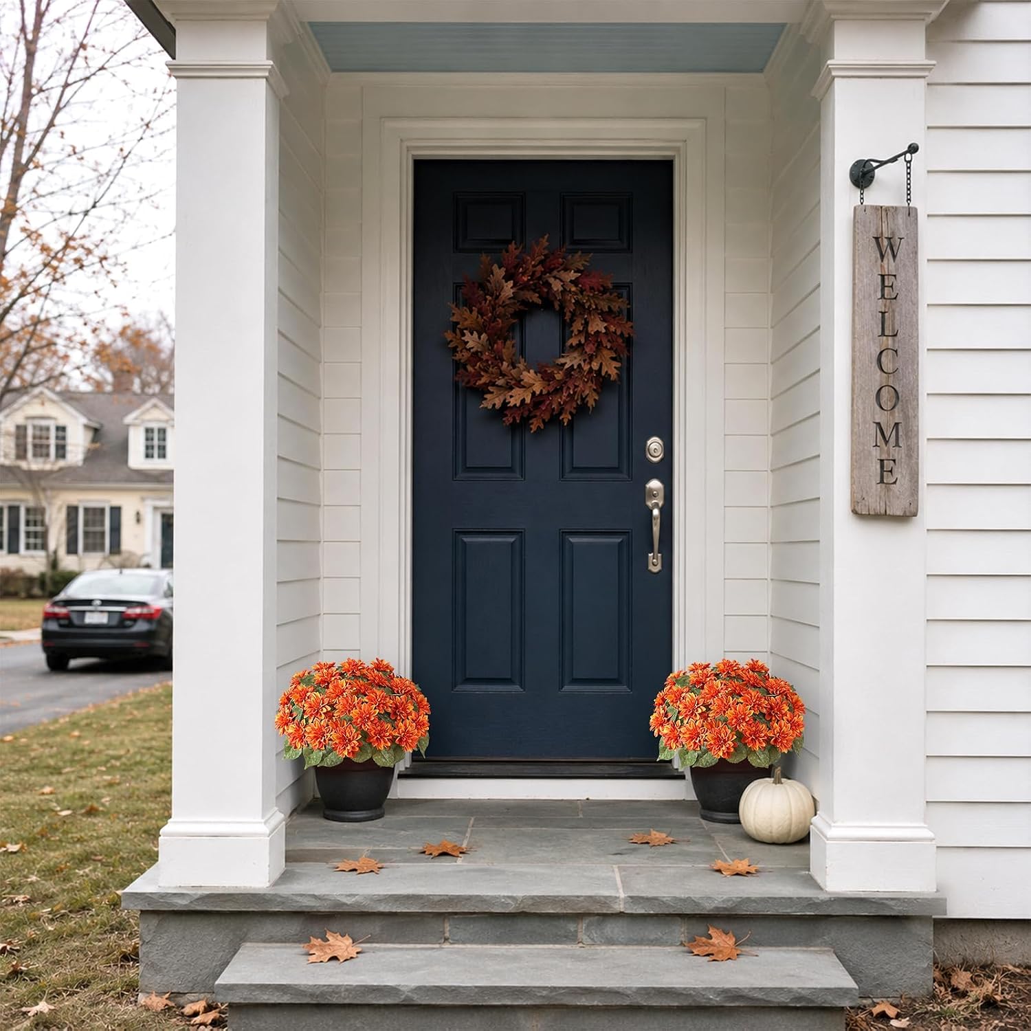 VIERENA 2 Set of Fall Artificial Dahlia Topiary Ball Trees - Fake Silk Dahlia Flower Bushes, UV Resistant Faux Floral Shrub Potted for Front Door Porch Farmhouse Outdoor Autumn Decor (Orange)
