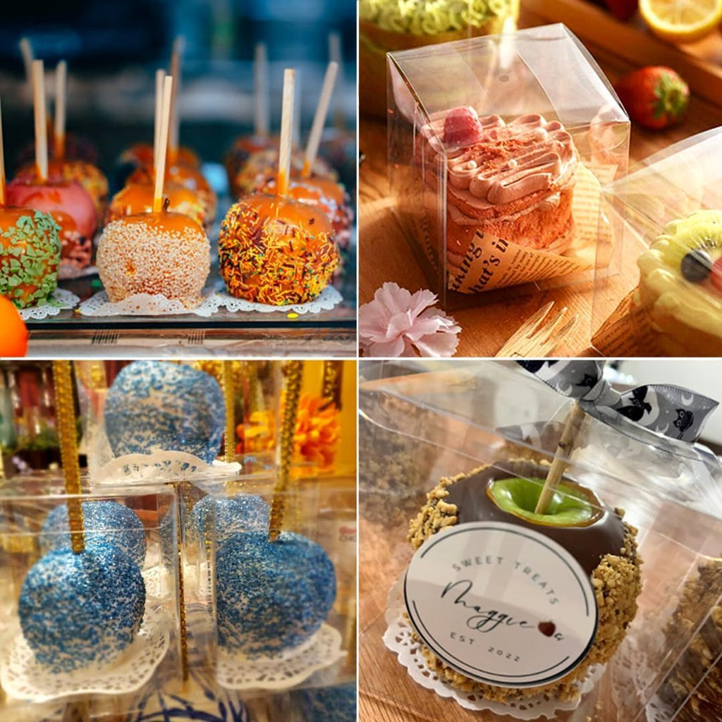JOERSH 4"x 4"x 4" Candy Apple Boxes with Hole and Paper Doilies, 60 Sets | Clear Caramel Apples Boxes, Food Grade PET Plastic, For Standard and Large Apples, Chocolates, Treats