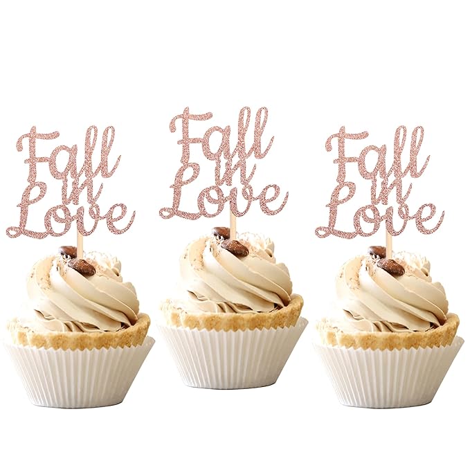 24 PCS Fall in Love Cupcake Toppers Glitter Bridal Shower Cake Picks Decorations for Wedding Engagement Anniversary Birthday Party Supplies Rose Gold