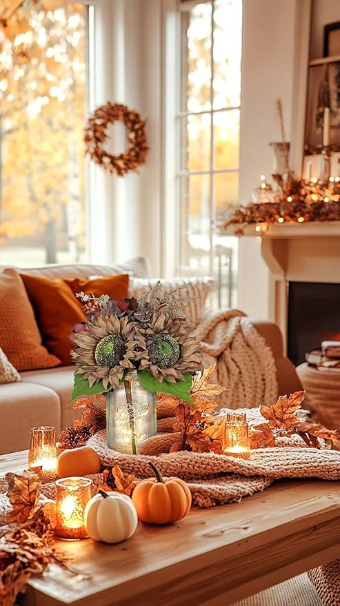 Silk Sunflowers Artificial Flowers with Mason Jar Centerpiece for Table Brown Fall Flowers in Vase Small Fall Floral Arrangement with Vase Thanksgiving Centerpiece for Dining Room Table Autumn Decor
