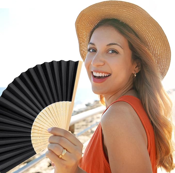48 Pieces Black Hand Held Bamboo Folding Fans Paper Fans Handheld for Women Foldable Girls Wedding Decoration Church Home Party Favors Summer
