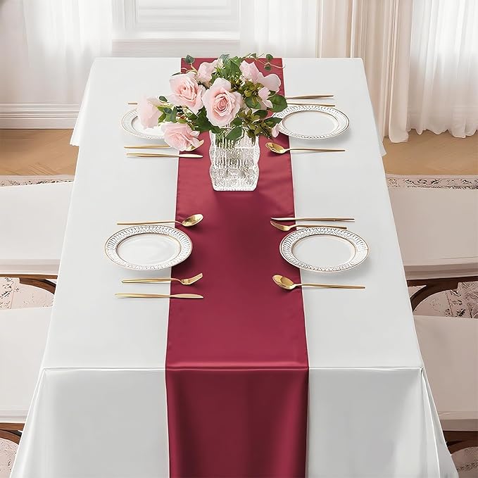 10 Pack Wine Red Satin Table Runner 12x108 Inches Long, Bright Silky Smooth Satin Table Runner Table Decor for Wedding Banquet Christmas Prom Event Birthday Party