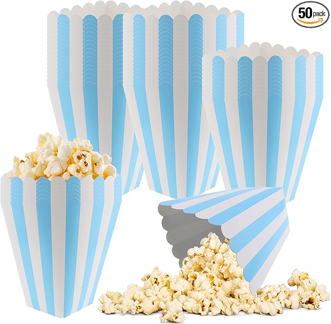 50 Pcs Popcorn Boxes Mini Paper Popcorn Box Cardboard Popcorn Container for Party Disposable Snack Candy Popcorn Bags Popcorn Holder for Movie Nights Birthday Wedding (Light blue,White)