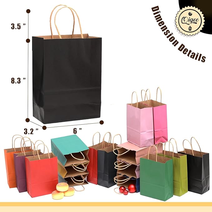qiqee 200Pcs Paper Gift Bags with Handles - 8.3"x6"x3.15" Small Party Favor Bags Multiple Uses - 16 Solid Colors