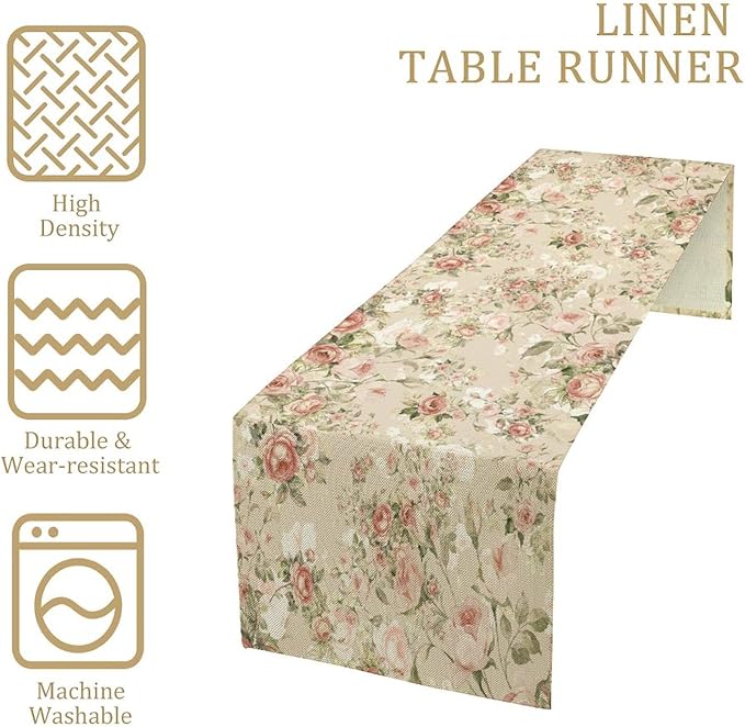 Lovely Rose Table Runner, Red and White Vintage Rose Delicate Floral Natural Pattern Long Table Restaurant Kitchen Holiday Party Decoration,13in（33cm） W * 90in（229cm） L