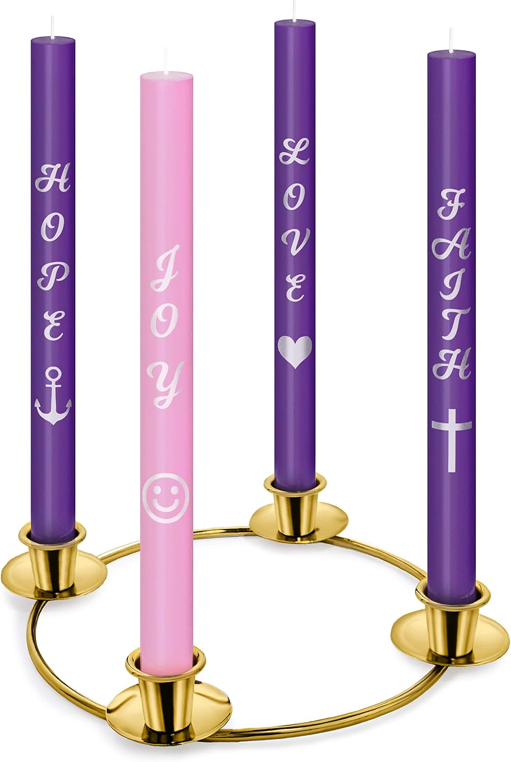 Advent Candles Set of 4 - Premium Printed Script Silver Letters & Pictures – Use with Advent Candle Holders, Advent Wreaths and Advent Rings - Dripless Taper Advent Candle for Christmas Church Décor
