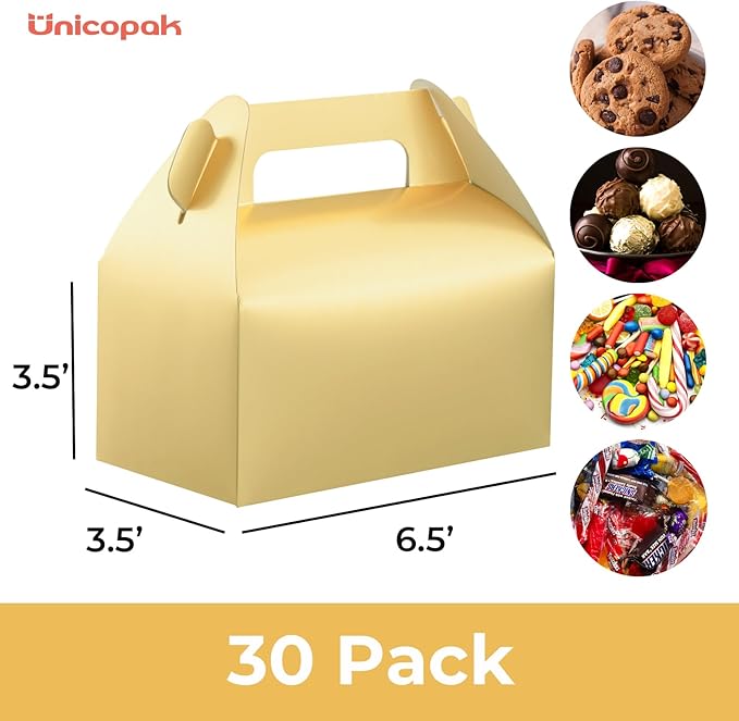 UnicoPak 30 Pack Gold Gable Treat Boxes, Party Favor Boxes, Gift Boxes for Kids, for Snacks, Candy, Toys, Birthday Party, Wedding, Halloween, Christmas – 6.5x3.5x3.5 Inches