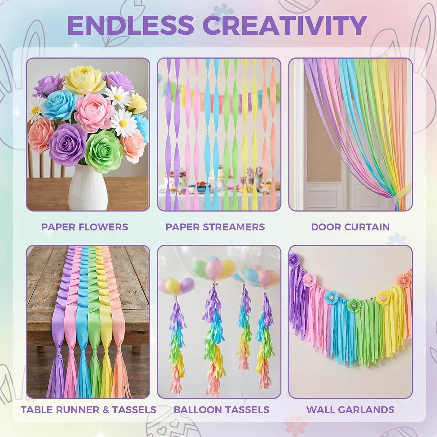 KOOGEL 12 Rolls Pastel Macaron Crepe Paper Streamers, 1.8 in X 82 FT | Each Soft Color Decorations for Baby Shower, Spring Party, Wedding, Easter, Birthday & Piñata Making