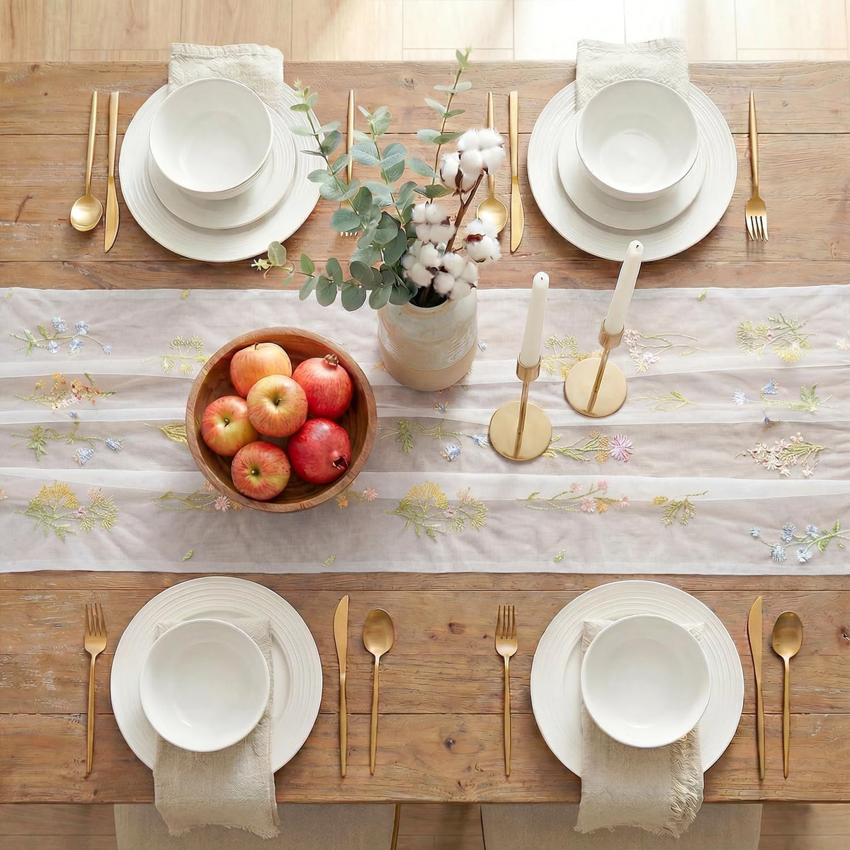 Artoid Mode 6PC Floral Milky White Embroidery Table Runner 120 Inch 10FT