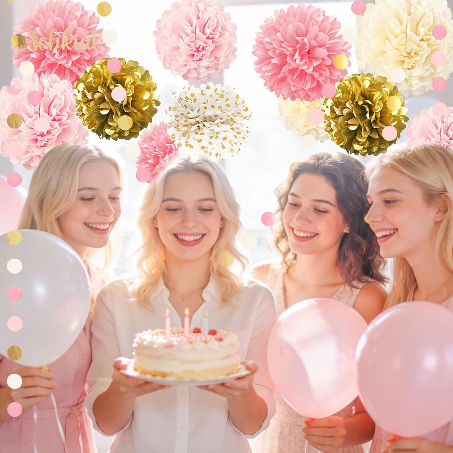 AOBKIAT Wedding Baby Shower Decorations Set,15PCS Pink Gold for Girls Women | with Tissue Paper Pom Poms,Colorful Garland String Hanging Backdrop for Birthday,Bridal Shower,Gender Reveal Celebration