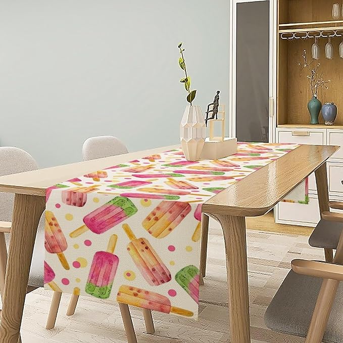 Ice Cream Popsicles Table Runner, Watercolor Summer Seasonal Fruit Peach Kiwi Berry Popsicles Orange Pink Sweet Dessert Dinner Runner for Party Holiday Home Kitchen Dining Table Decor 13"x108"