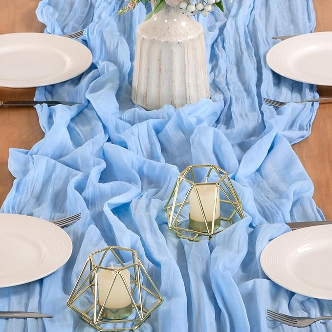 MLMW 3 Pack Light Blue Cheesecloth Table Runner Boho Gauze Rustic Cheese Cloth 160 inch Sheer Baby Blue Coastal Table Runner 13.3ft for Wedding Party Baby Bridal Shower Birthday