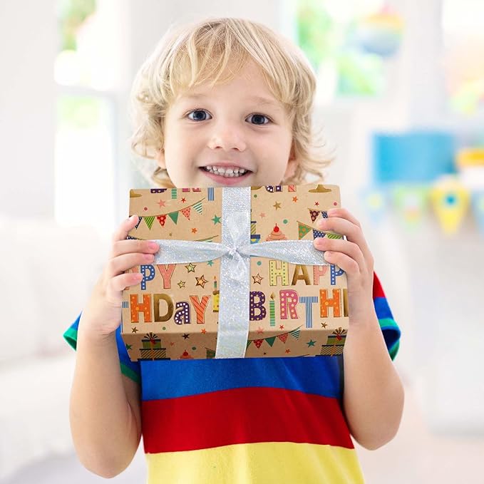 Aimyoo Colorful Birthday Wrapping Paper Roll - 17 Inch X 16.4 Feet - Gold Foil Happy Birthday Lettering, Cupcake & Flags Design Gift Wrap for Kids, Baby Showers