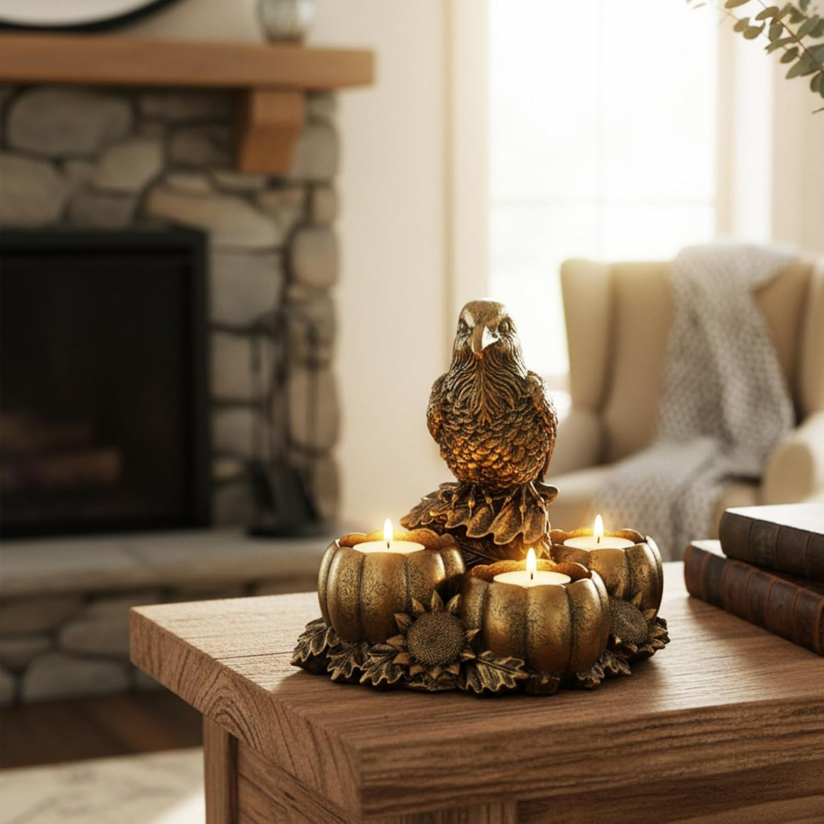 Gold Raven Candle Holders - Crow Vintage Rustic Pedestal Candlesticks, Harves...