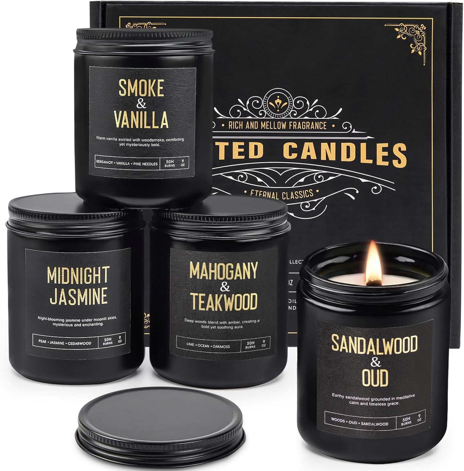 Men's Scented Candles Gift Set, 4 Jar Wood Wick Soy Wax Candles for Home | 200 Hour Burn, Mahogany & Teakwood, Smoke & Vanilla, Midnight Jasmine, Sandalwood Oud Scented Candle, Gifts for Men
