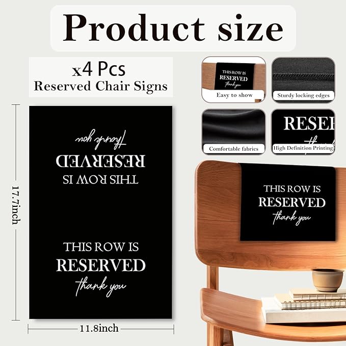 Reserved Seating Chair Signs, This Row Is Reserved Pew Cloths Seating Placeholder for Church Pews, Wedding Decorations for Reception Parties Celebrations Event Meetings (Black, 4 PCS)