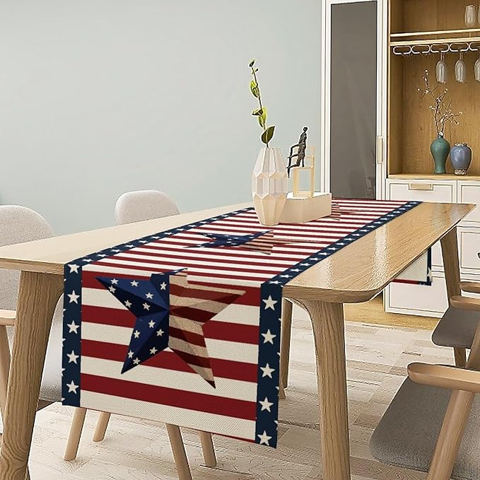 4th of July Table Runner, Patriotic Independence Day American Stars Stripes Flag Print Table Runner for Farmhouse Kitchen Dining Holiday Birthday Party, 13x70inch