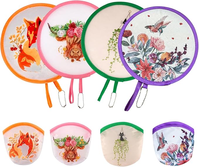 4 Styles Animal Flowers Round Foldable Hand Fan Japanese Foldable Fan Handheld Foldable Compact Cooling Fans,Round Folding Fan for Outdoor Games,Xmas Decoration,Festival,Party Favors,Travel,Events